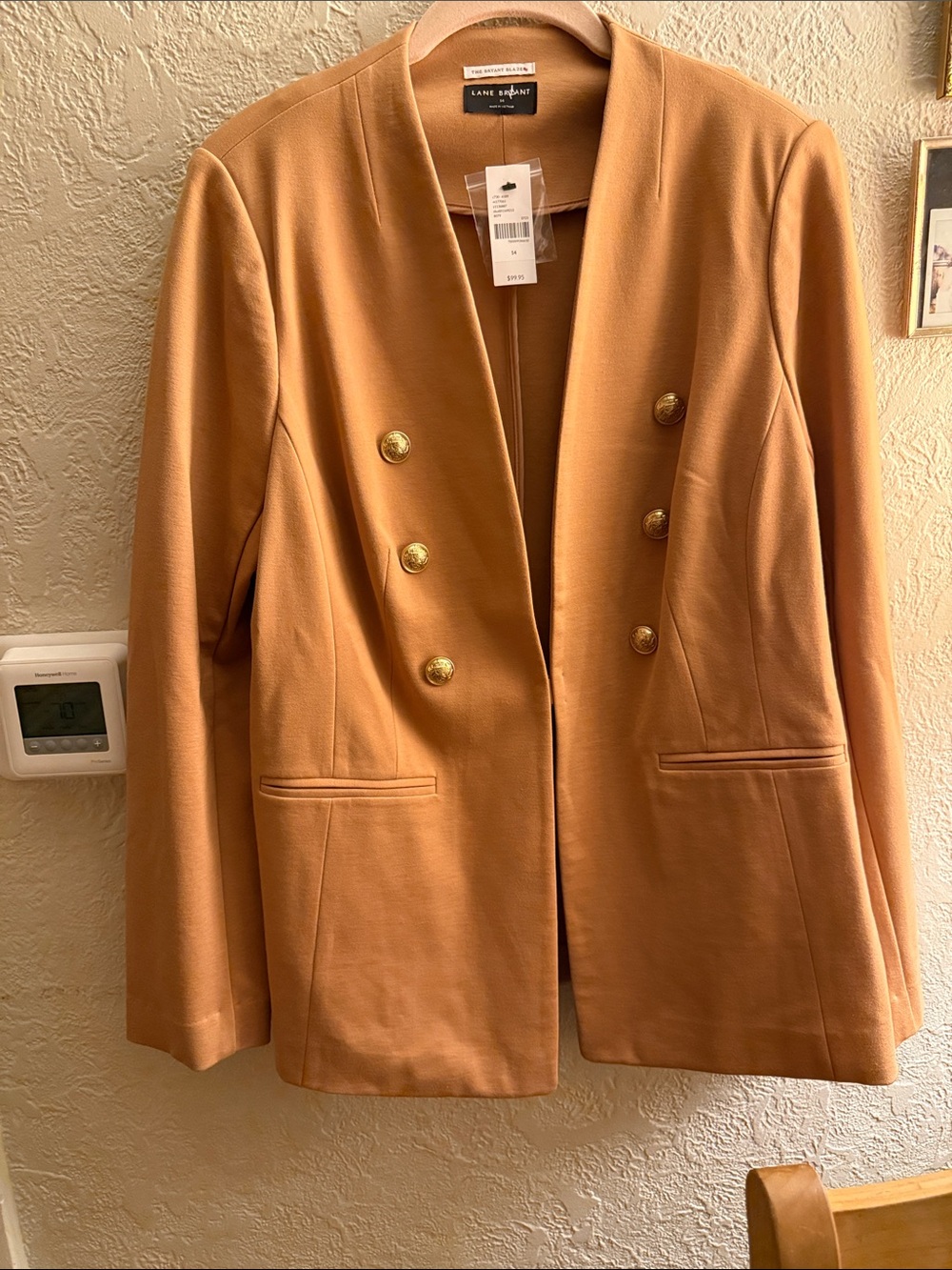 Lane Bryant Camel/Tan Double-Breasted Blazer with Gold Buttons